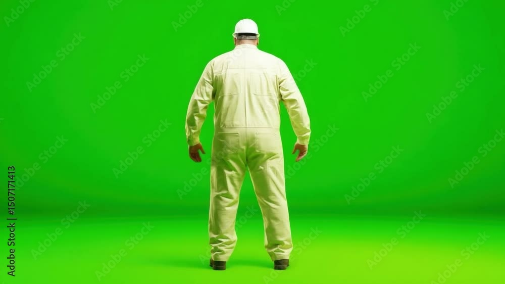 Worker in Safety Gear Facing Green Background for Environmental and Industrial Projects Worker in Safety Gear Facing Green Background for Environmental and Industrial Projects