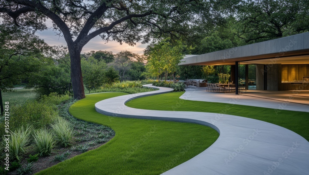 Fototapeta premium Photo of modern landscaping with a winding concrete walkway leading to an outdoor dining area. Green grass and lush plants surround the path, with trees in the background and an evening sky.