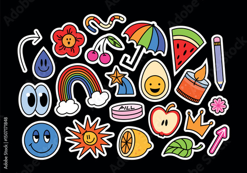 Wallpaper Mural Funny futuristic y2k patches, labels, tags, stamps in retro style. Cartoon stickers in funky hipster grunge 90s style. Cute flat illustrations for kids. Doodle isolated vector set, trendy promo labels Torontodigital.ca