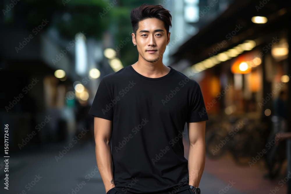 Asian male in black t-shirt walking on urban street at twilight Asian male in black t-shirt walking on urban street at twilight
