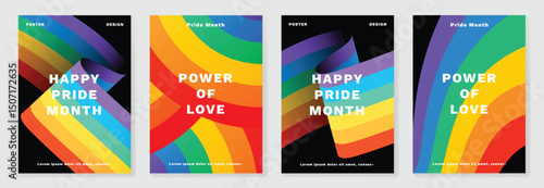 Happy Pride month poster background vector set. LGBTQ community symbol with rainbow, pride flag, heart. Design for celebration, bisexual, transgender, party poster, rights, ads.