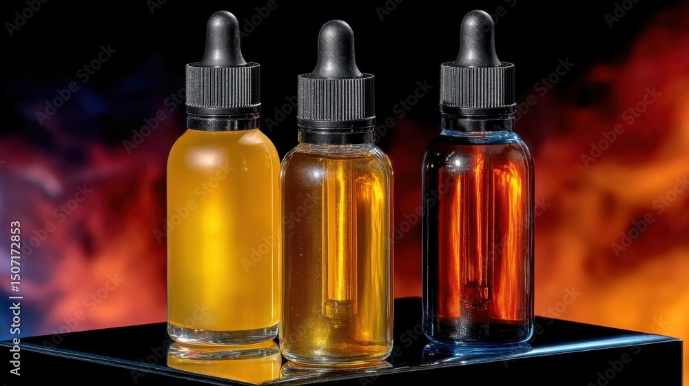 Three glass dropper bottles with liquids on reflective surface against fiery background