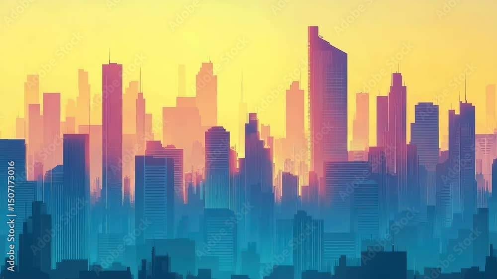 Abstract Cityscape Silhouette with Gradient Sky: Modern Urban Architecture and Financial District Skyline at Sunset, Vector Illustration Abstract Cityscape Silhouette with Gradient Sky: Modern Urban Architecture and Financial District Skyline at Sunset, Vector Illustration