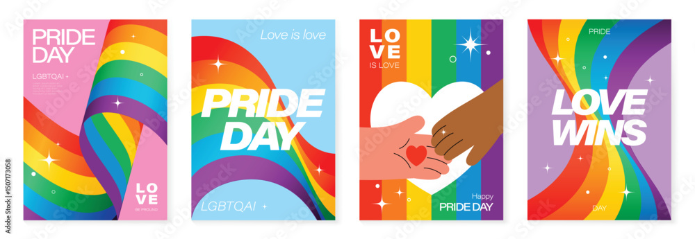 Fototapeta premium Happy Pride month poster background vector set. LGBTQ community symbol with rainbow, pride flag, heart. Design for celebration, bisexual, transgender, party poster, rights, ads.