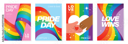 Happy Pride month poster background vector set. LGBTQ community symbol with rainbow, pride flag, heart. Design for celebration, bisexual, transgender, party poster, rights, ads.
