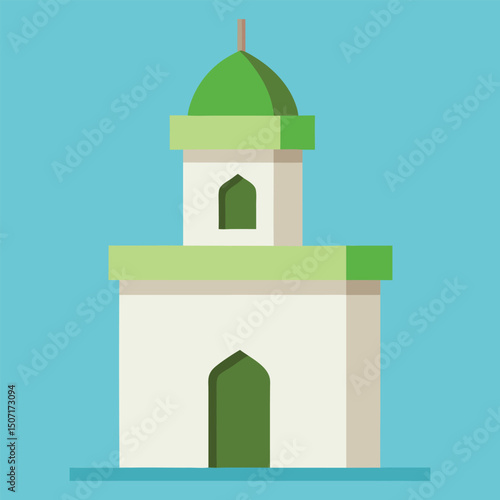 Flat Design Illustration of a Stylized Mosque with Green Roof and Sky Blue Backdrop