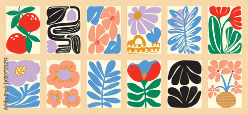 Botanical doodle background art vector set. Flower and leaves abstract shape doodle art design for print, wallpaper, clipart, wall art for home decoration.