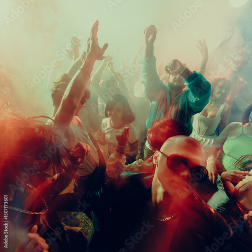Quadro su tela Energetic crowd dancing in a vibrant, smoke-filled club with colorful lighting
