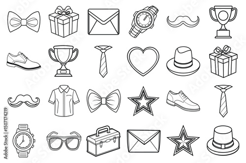 Set of father day elements gift box, sunglasses, heart, balloons, hand watch, bow tie, tie, shirt, hat, wheelchair,star, toolbox, shoe,troppy line art vector illustration on white background.