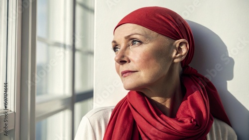 A portrait of a brave blood cancer survivor wearing a red scarf, looking directly at the camera with a calm yet strong expression.