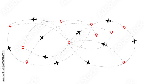 Airplane dotted route line set. Airplane dashed line path flat style design isolated on white background. plane icon follow from start pin point to finish by dashed line. Airplane route trace flight