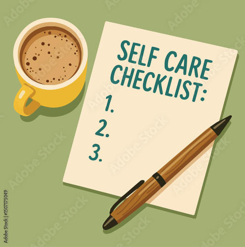 self care checklist handwriting napkin cup of coffee healthy lifestyle habits personal development concepts illustration clipart