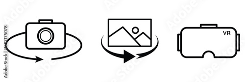 Camera photo VR headset 360 degree rotation icon vector illustration for immersive virtual tour technology experience panoramic visual navigation design.