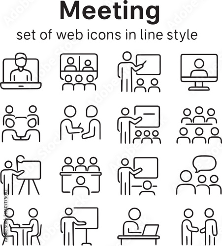 Meeting set of web icons in line style. Live webinar icons for web and mobile app. Containing conference, business meeting, classroom, team, interview, conference, work, discussion with white backgrou