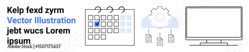 Calendar with marked date, cloud icon connecting to files, desktop monitor. Ideal for scheduling, cloud computing, data management, digital workflow, productivity, IT solutions simple landing page