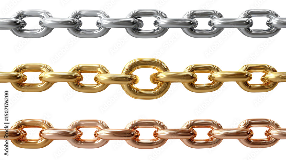 Chains of Unity: An array of elegant chains made of gold, silver and rose-gold. Symbol of strength, connection, and industrial elegance. Chains of Unity: An array of elegant chains made of gold, silver and rose-gold. Symbol of strength, connection, and industrial elegance.