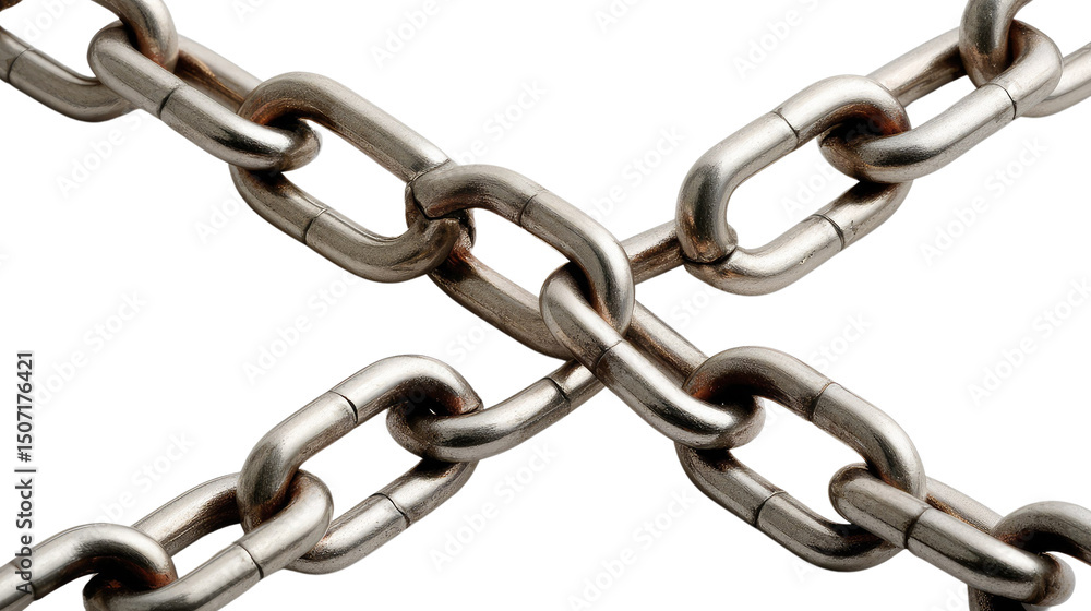 Fototapeta premium Chained Intersections: A close-up shot of interwoven metallic chains, forming a complex network. The metallic texture and intersecting links highlight strength and connection.