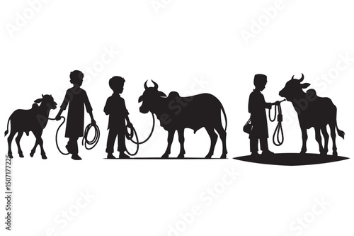 Black silhouettes of a group of cow and a crowd of people walk as a boy, an illustration with a cow and child