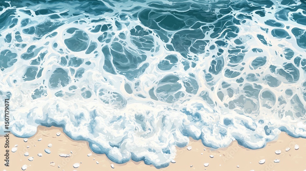 Foamy ocean water touching sandy coastline, great for vacation visuals, marine design themes, and beach print materials. Foamy ocean water touching sandy coastline, great for vacation visuals, marine design themes, and beach print materials.