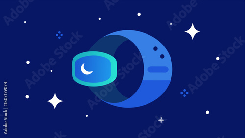 Night Mode The wearable device in night mode showing a calming blue light on the screen sending a gentle reminder for hydration before bed with stars and a moon in the background.