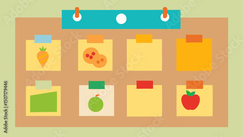 Meal Planning Board A corkboard with colorful sticky notes organized into days of the week each note containing simple meal ideas and snack options that promote health.
