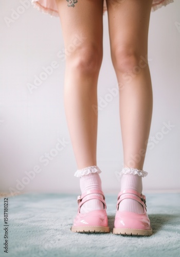 Close-up of woman's legs in glossy pink doll shoes paired with frilly ankle socks.