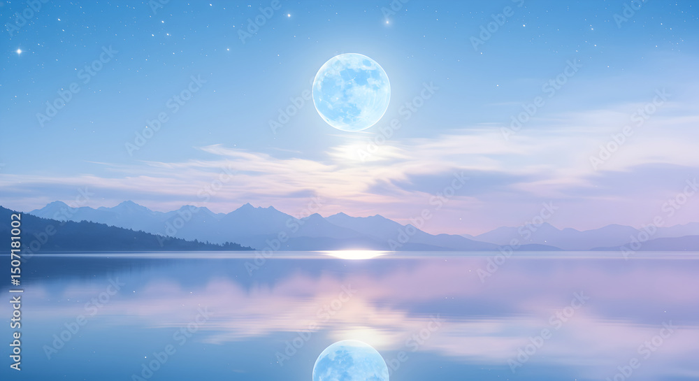 Serene Landscape Featuring a Tranquil Lake, Mountains, and a Glowing Moon at Night Serene Landscape Featuring a Tranquil Lake, Mountains, and a Glowing Moon at Night