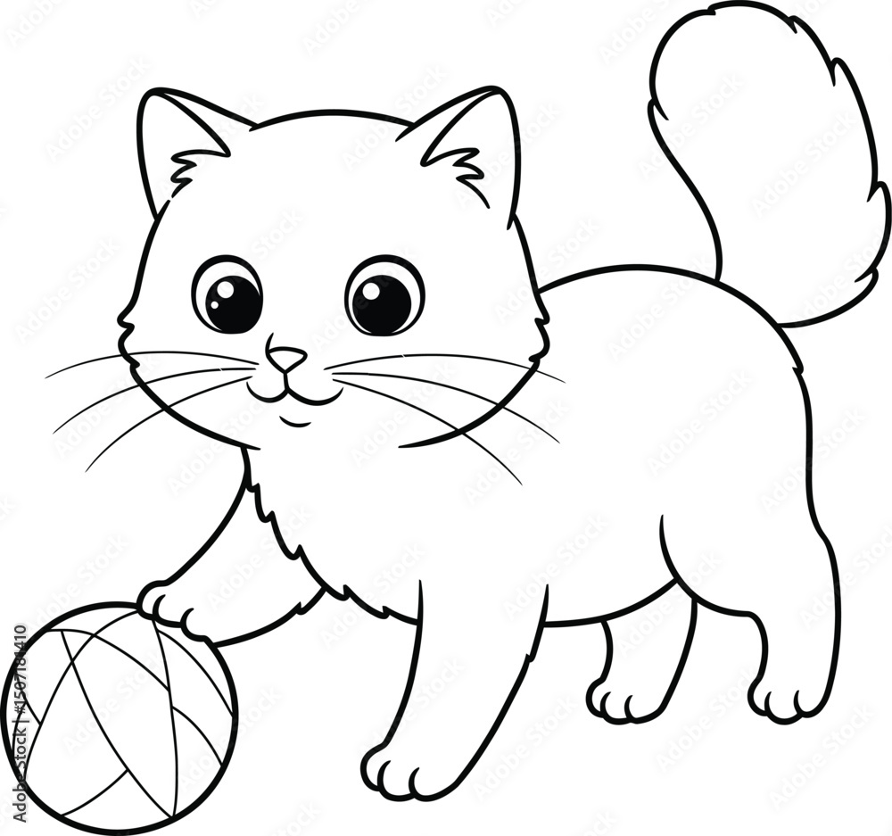 Obraz premium Cat playing with ball lineart illustration suitable for coloring book cute feline design for kids and adults 