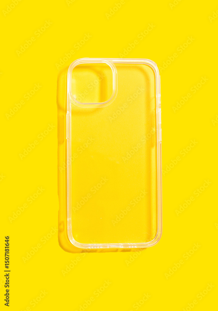 Clear phone case positioned against a vibrant yellow backdrop, ideal for protecting devices while maintaining. Modern design concept Clear phone case positioned against a vibrant yellow backdrop, ideal for protecting devices while maintaining. Modern design concept