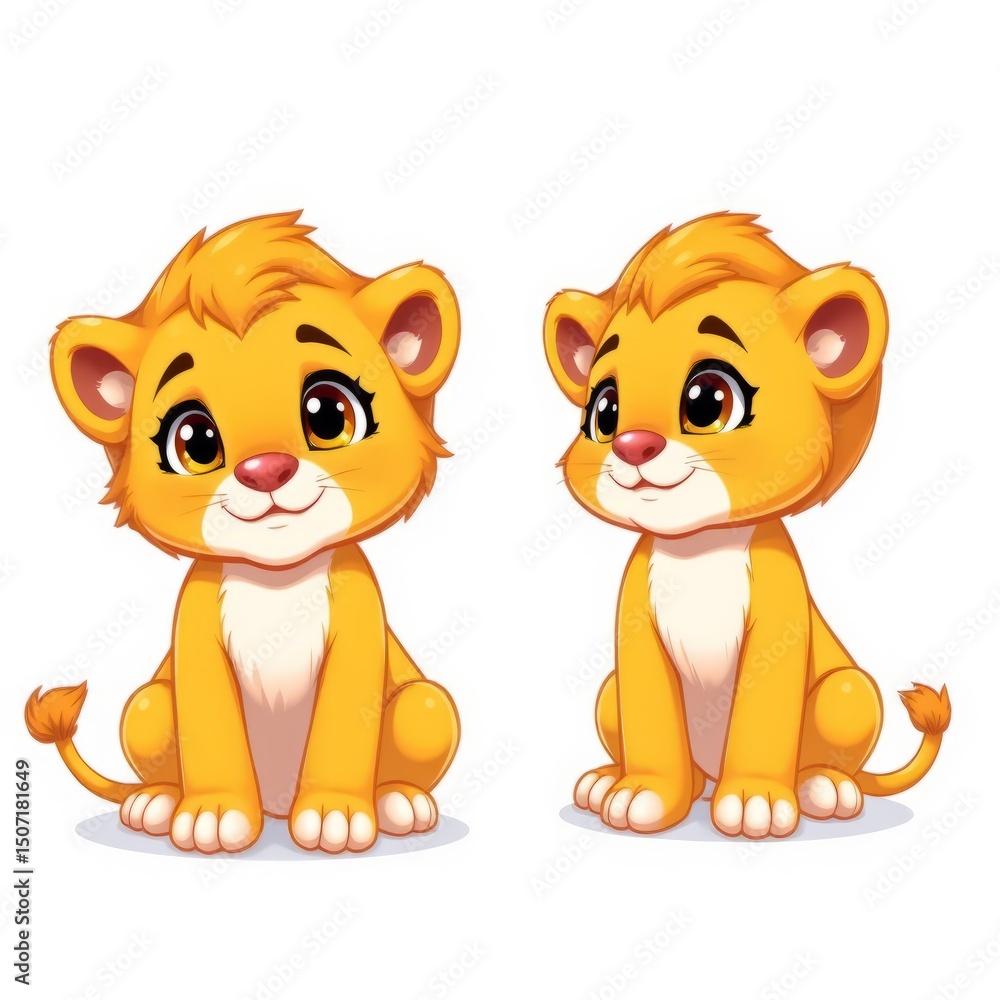 2D cartoon anime style,cute lion cub with fluffy golden fur and a small mane, big expressive eyes, shown in two views, clean white background 2D cartoon anime style,cute lion cub with fluffy golden fur and a small mane, big expressive eyes, shown in two views, clean white background