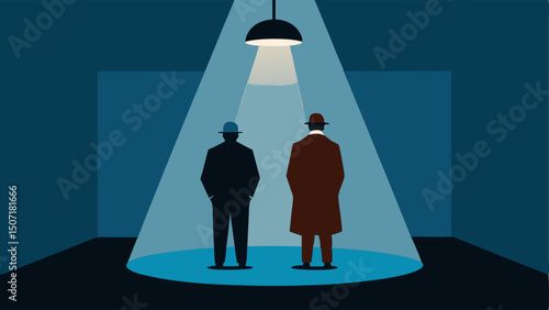 Bright Lighting A stark bright overhead light shines down on the body while two detectives stand in the shadows symbolizing the contrast between evidence and mystery.