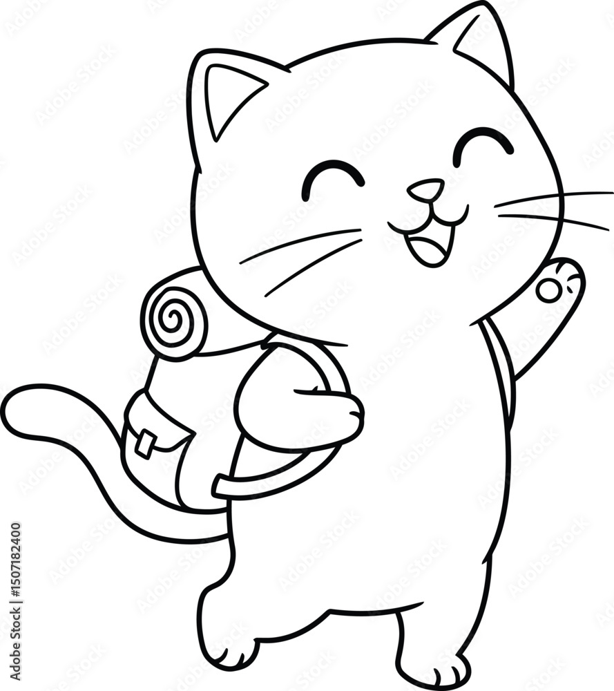 Fototapeta premium Cat with backpack lineart illustration suitable for coloring book happy walking kitten outline drawing for kids and adults 