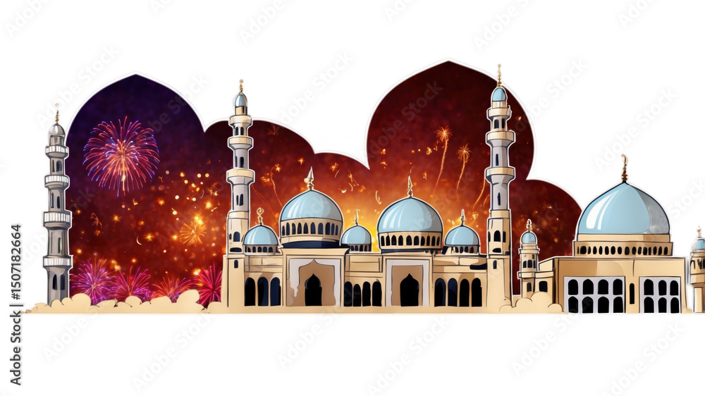 Fototapeta premium Festive mosque illustration with fireworks.