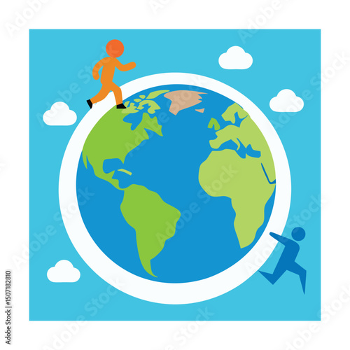 Illustration of people running around the earth concept representing global journey