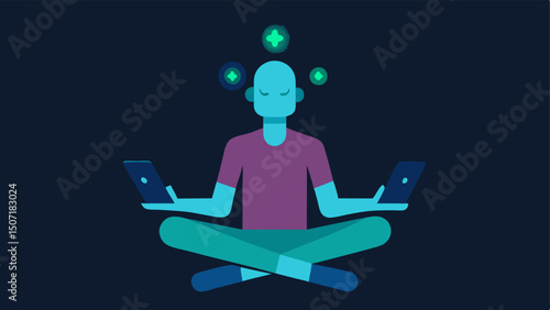 Meditation and Technology A figure sitting crosslegged with a glowing smart device in hand merging traditional mindfulness practices with modern technology.