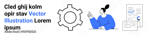 Woman gesturing near gear icon and analytics chart. Ideal for concepts thumbs up teamwork, process improvement, innovation, technology, strategy, leadership, simple landing page