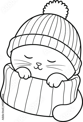 Cat wearing knitted hat lineart illustration suitable for coloring book with cute sleeping kitten design