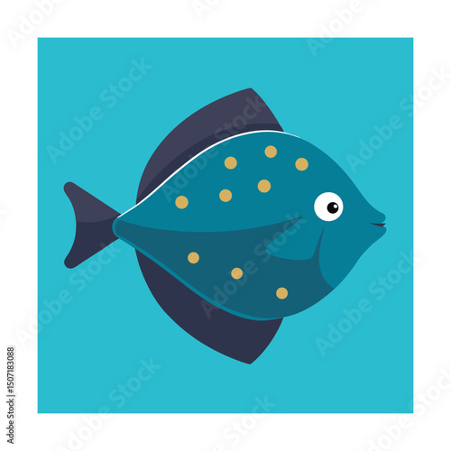 Illustration of a blue flat fish with decorative gold spots on a turquoise background