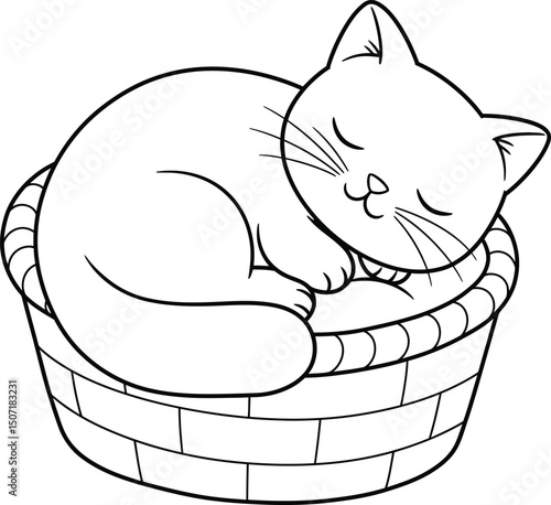 Cat lineart illustration suitable for coloring book showing sleeping cat curled in basket vector design