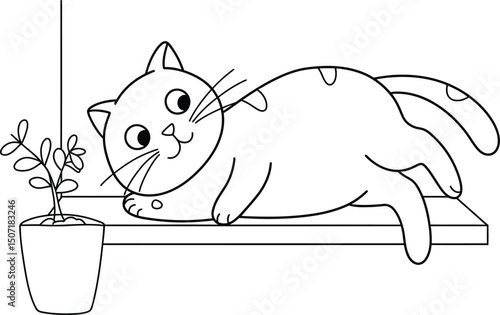 Cat lineart illustration suitable for coloring book with playful cat on windowsill and potted plant scene