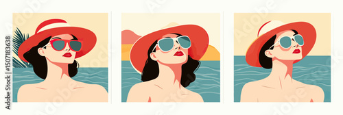 Retro style summer holiday portraits of woman in sunglasses and wide brim hat with ocean background minimalist vector set