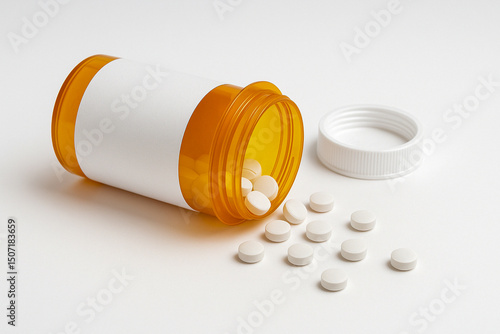 White prescription tablets spilled from amber pill bottle with blank label