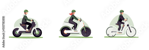 Set of three flat vector illustrations of person riding electric scooter, electric moped, and electric bicycle with safety helmet and minimalist design
