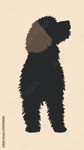 Silhouette of curly coated dog standing facing right side with detailed fur texture in minimalist flat vector style on beige background