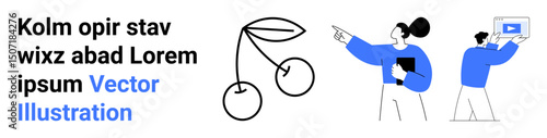 Minimalist outline of cherries with two characters interacting one presenting with a laptop, the other observing and pointing. Ideal for teamwork, creativity, analysis, discussion, brainstorming