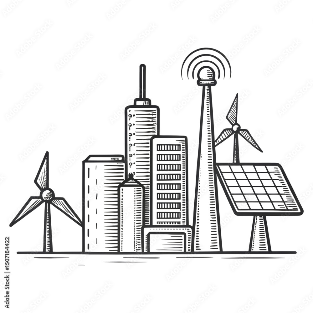 Fototapeta premium Modern cityscape featuring skyscrapers, wind turbines, a solar panel, and a communication tower.