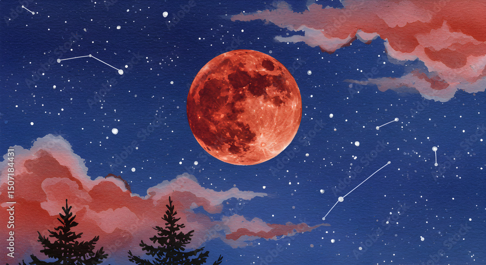 Naklejka premium Dramatic Watercolor Rendering of a Blood Moon Amidst a Starry Night Sky Scene