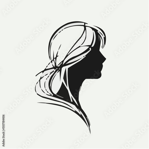 Silhouette of a woman with flowing hair in minimalist style  