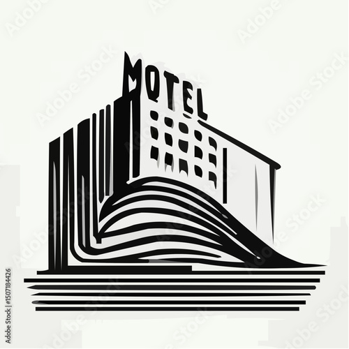 Stylized motel building design with creative lines and waves  