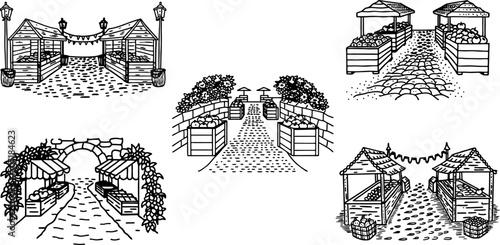 outdoor farmer market stalls sketch fresh produce, street vendor stands, rural fair setup illustrations
